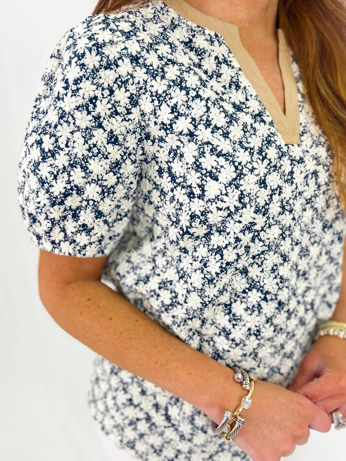 Navy Floral Embroidered Puff Sleeve Top