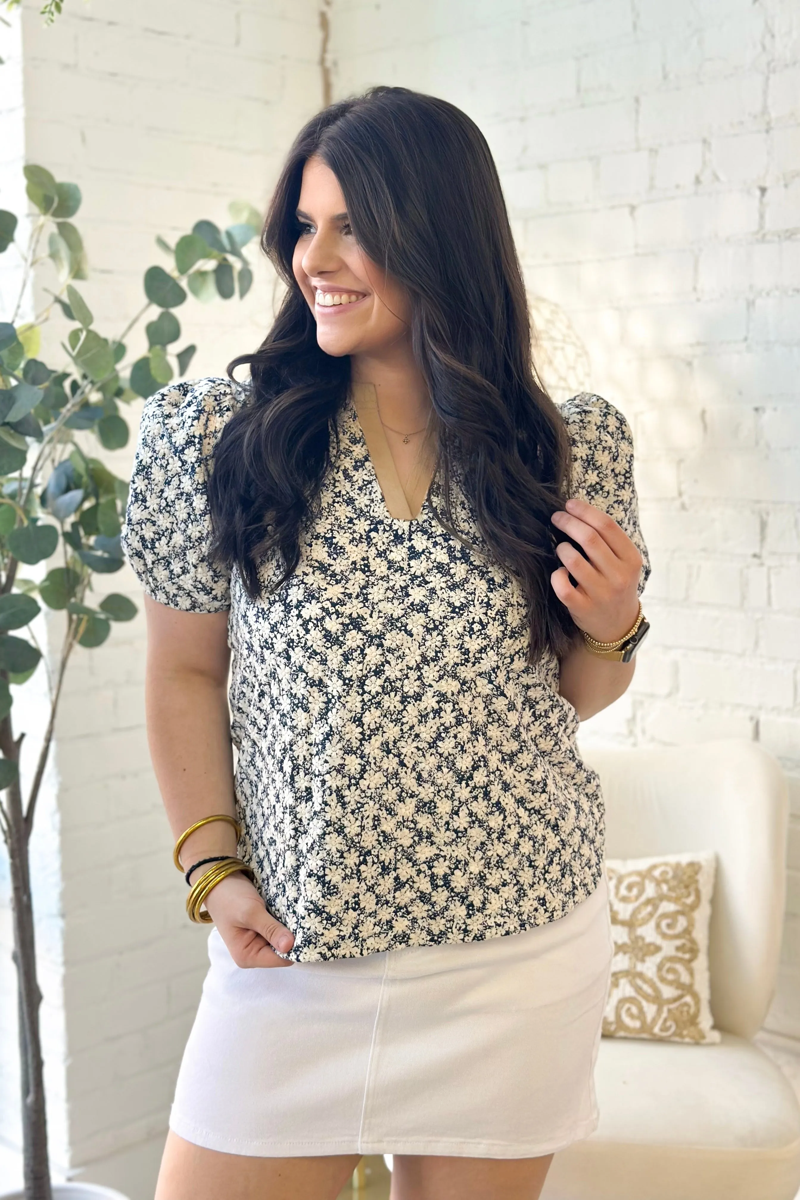 Navy Floral Embroidered Puff Sleeve Top