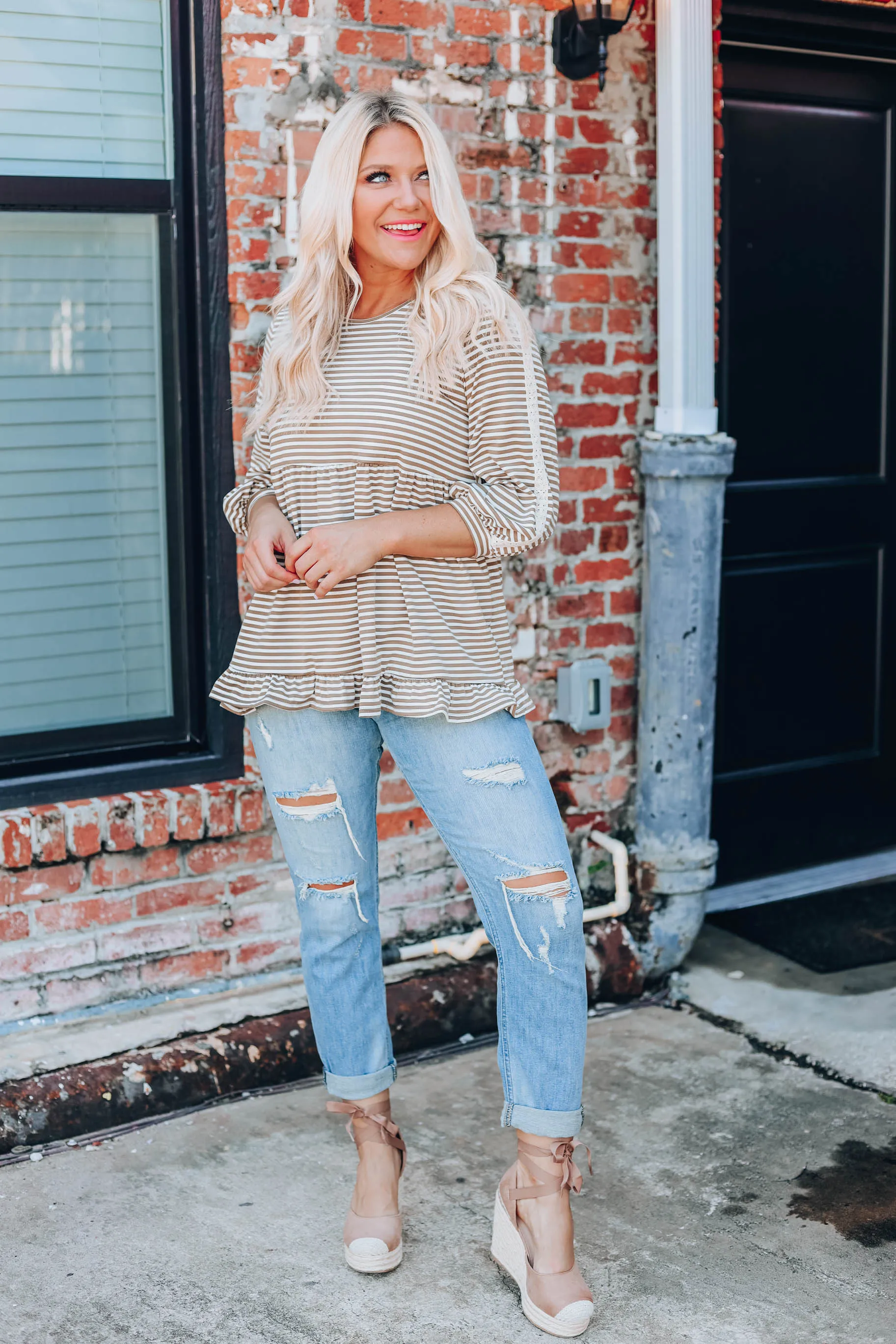 Need Somebody To Love Peplum Top - Ivory/Brown