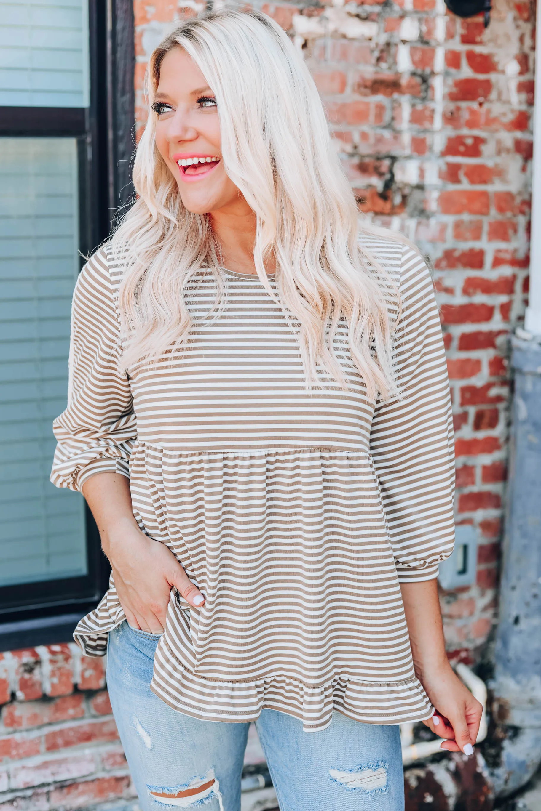 Need Somebody To Love Peplum Top - Ivory/Brown