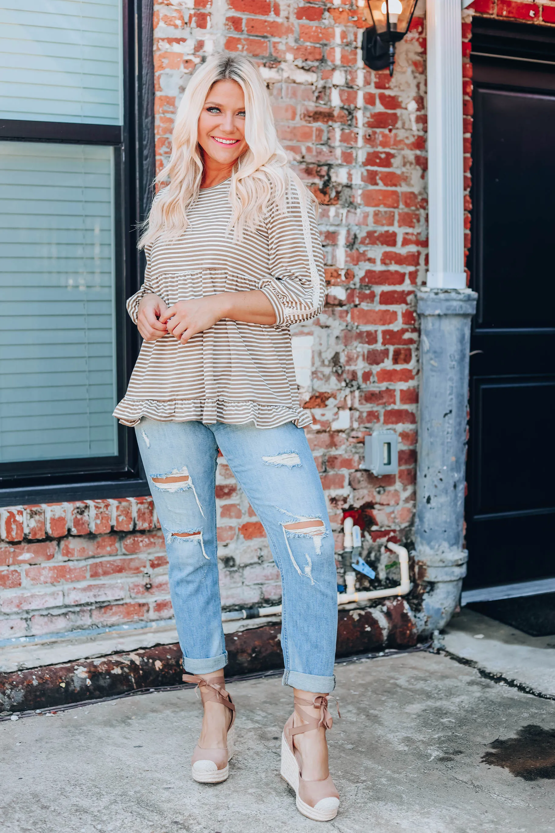 Need Somebody To Love Peplum Top - Ivory/Brown