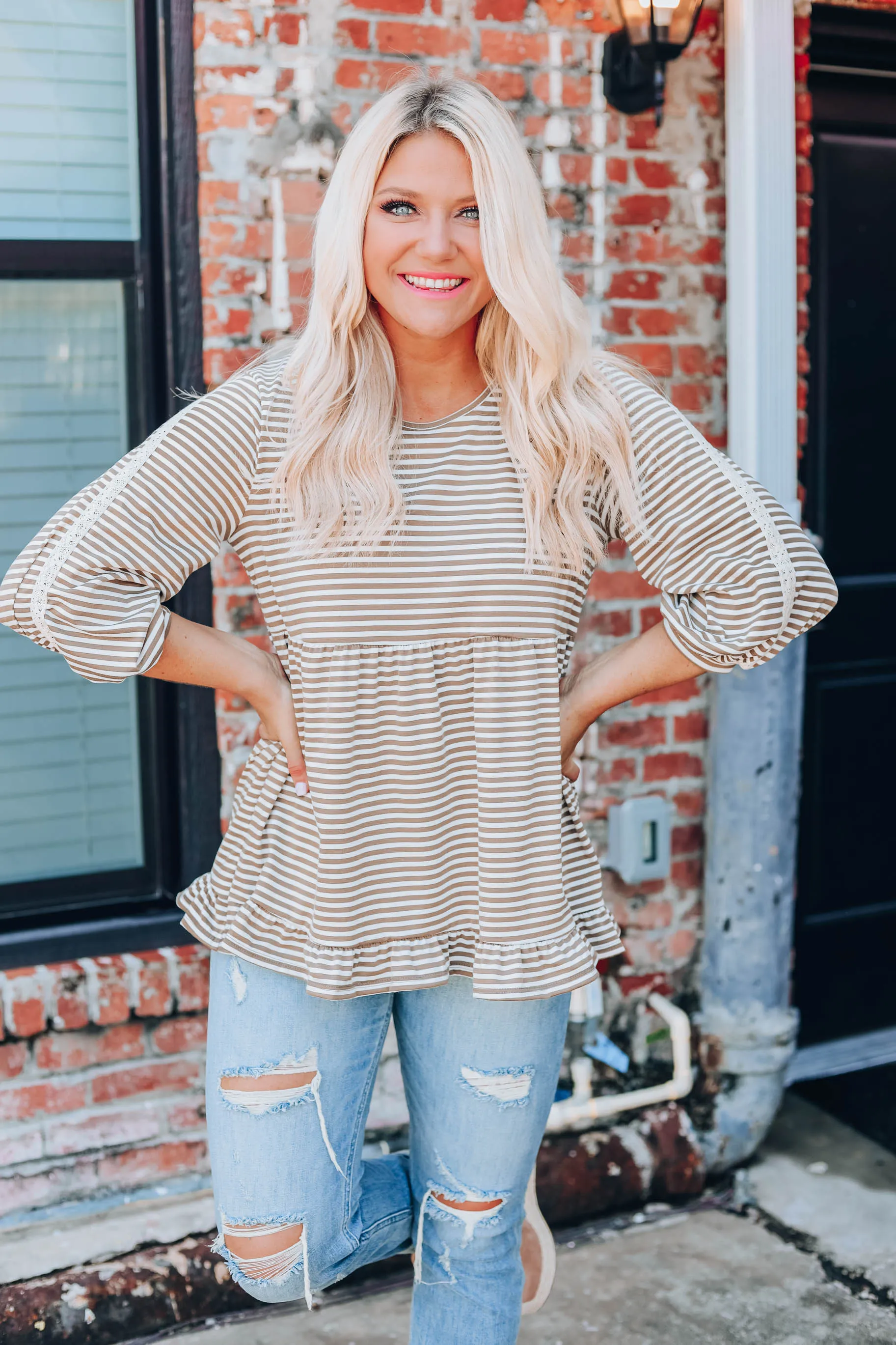 Need Somebody To Love Peplum Top - Ivory/Brown