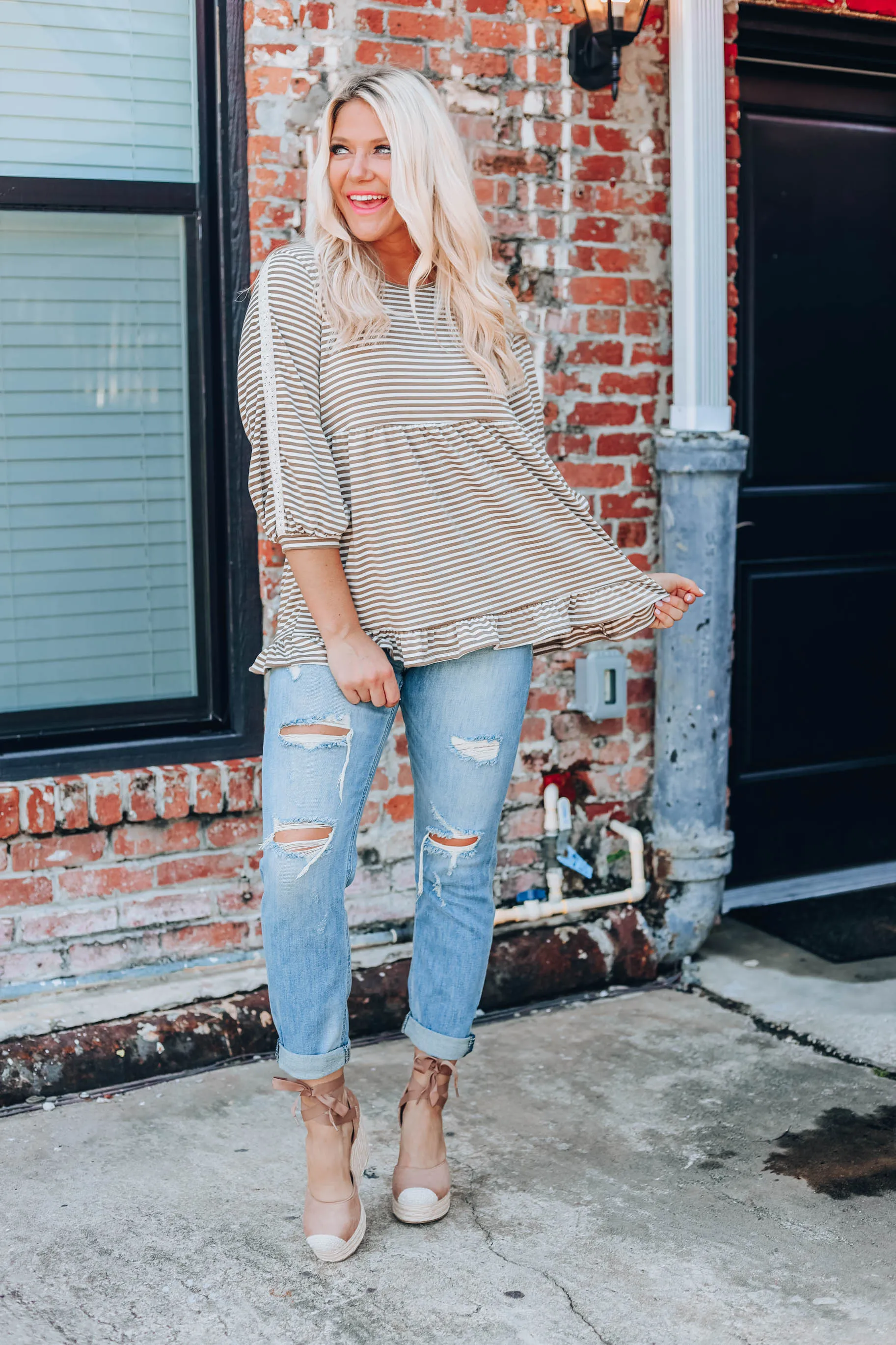 Need Somebody To Love Peplum Top - Ivory/Brown