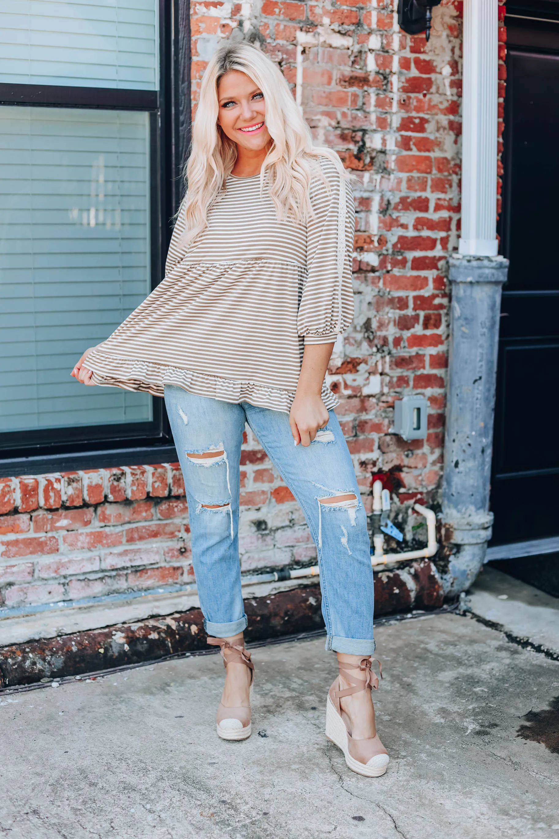 Need Somebody To Love Peplum Top - Ivory/Brown