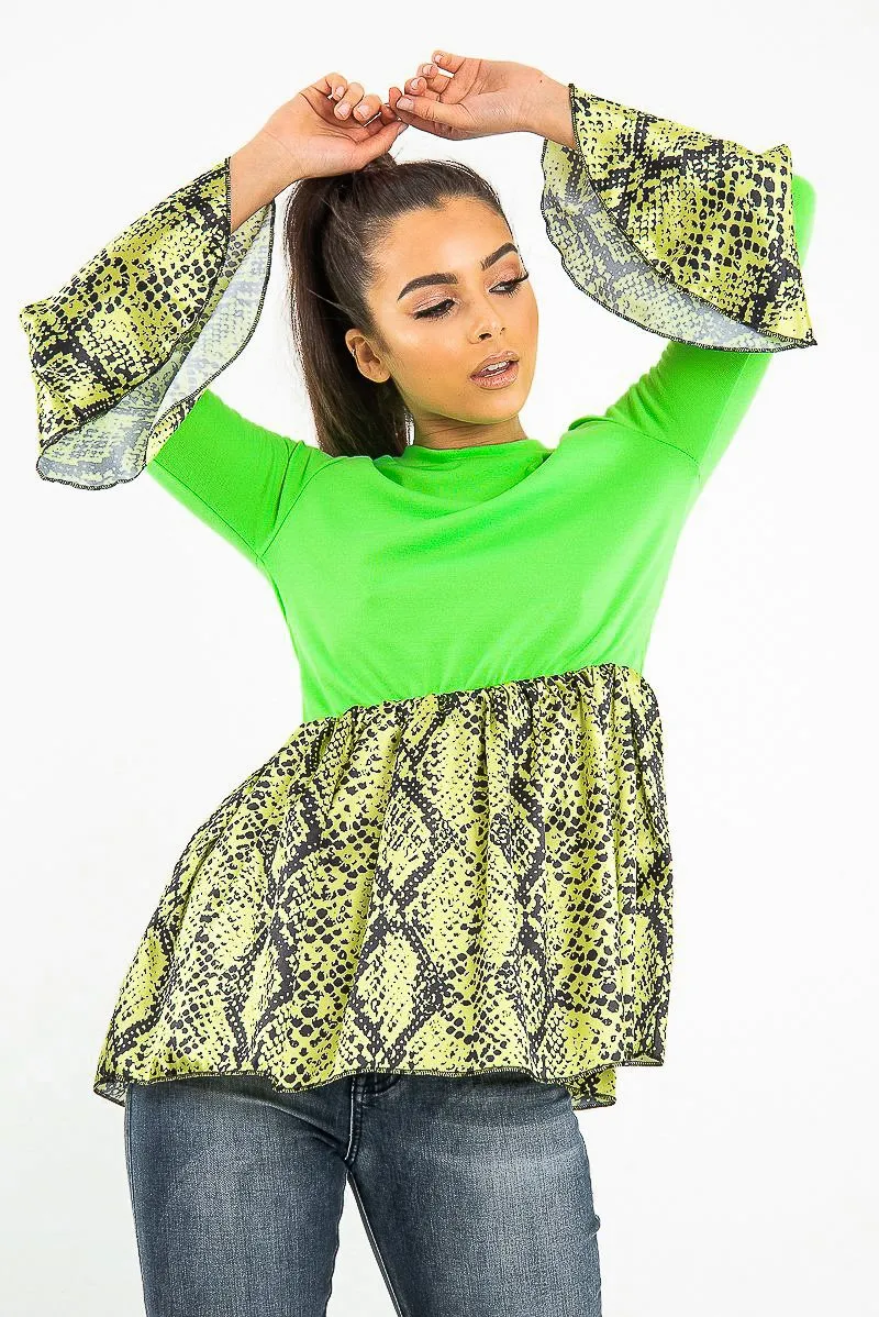 Neon Green Lime Snake Print Flare Sleeve Peplum Top - Dhara