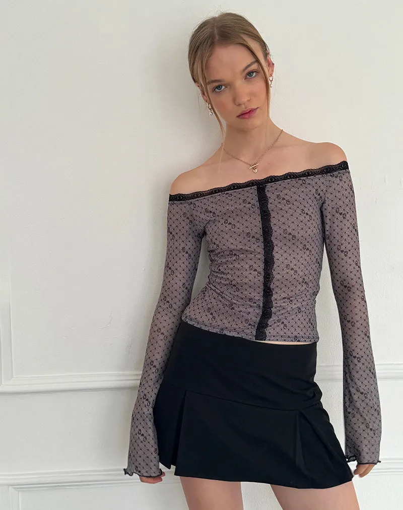 Neve Mesh Bardot Top in Queen of Heart Print