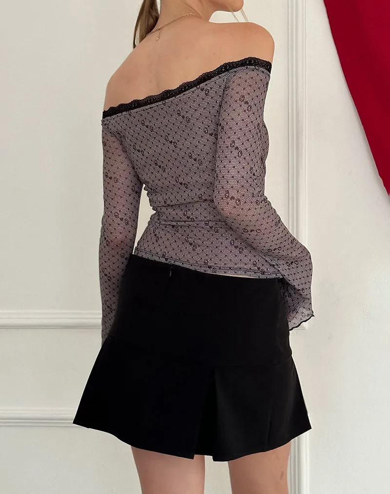 Neve Mesh Bardot Top in Queen of Heart Print