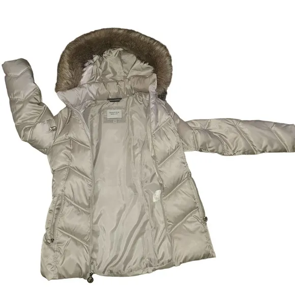 NEW-Nautica SZ 2 Champagne Faux Fur Hood Puffer Jacket Removable Hood