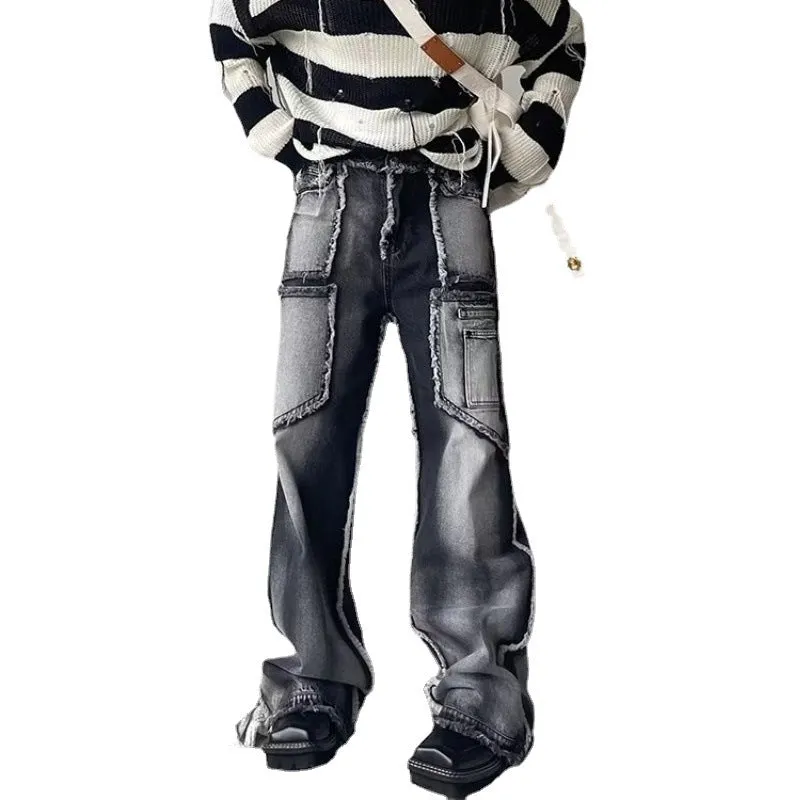New Street Raw Edge Stitching Straight Leg Jeans