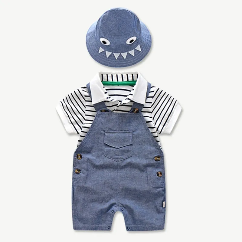 Newborn Baby Clothing for Boys Summer Suit Set Cotton Hat   Striped Romper   Blue Overall 3PCS Casual Children Outfit