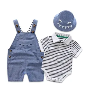 Newborn Baby Clothing for Boys Summer Suit Set Cotton Hat   Striped Romper   Blue Overall 3PCS Casual Children Outfit