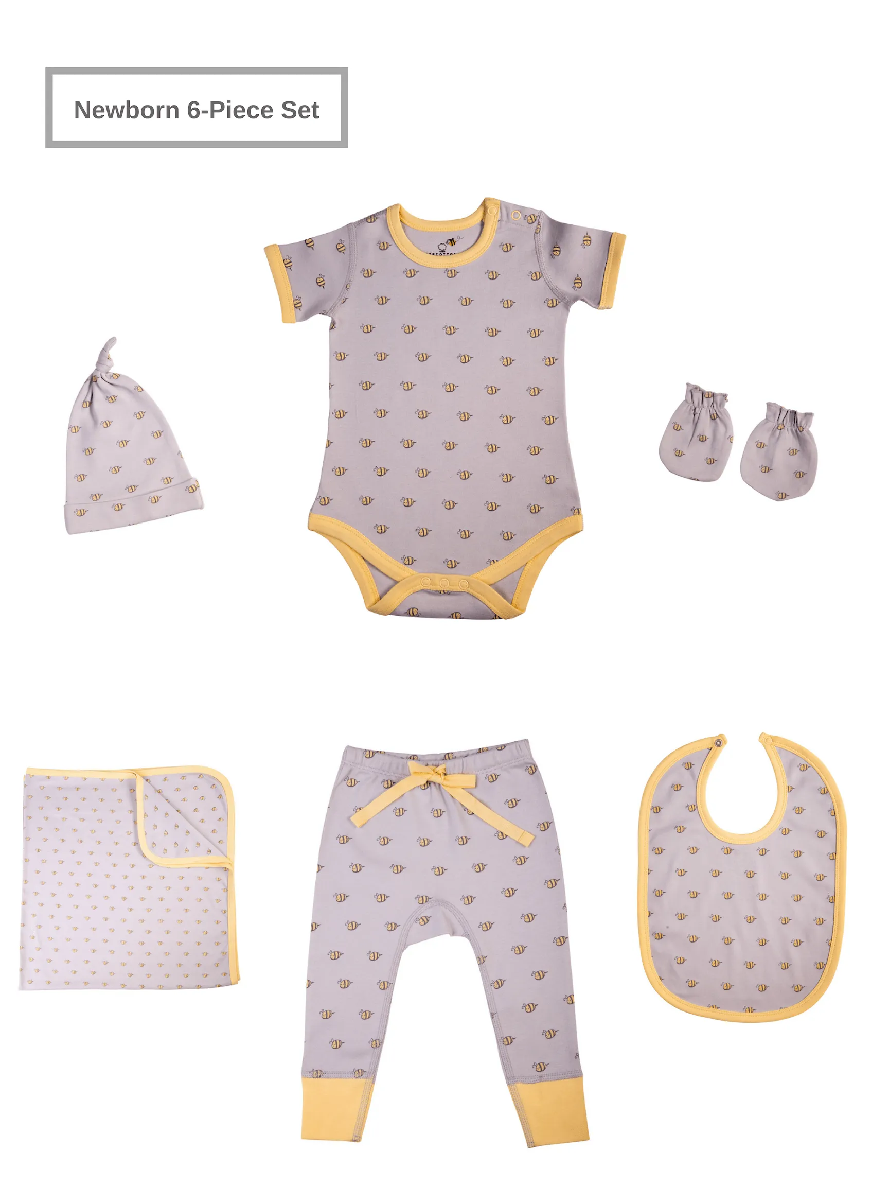 Newborn Baby Unisex Organic 6 Piece Set w/Short-Sleeve Bodysuit (0-3M)