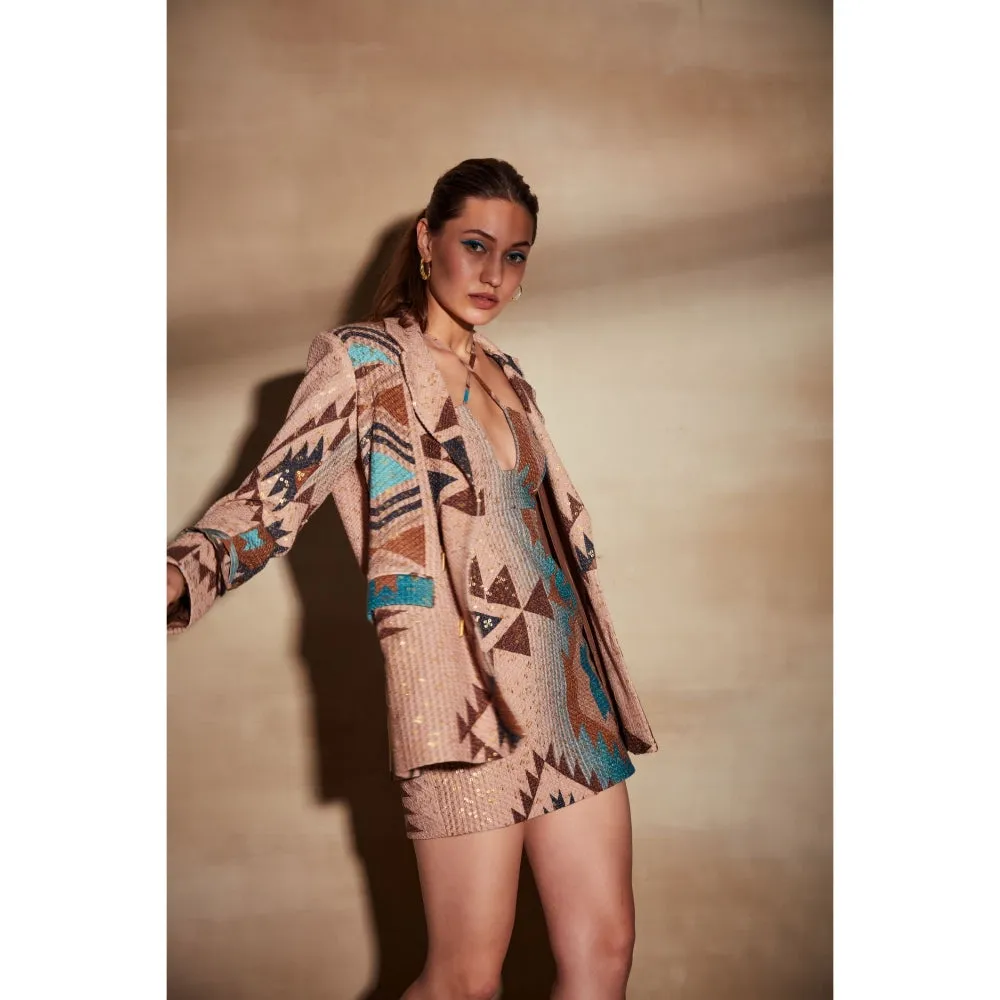 Nikita Mhaisalkar Turquoise and Multi Colour Tapis Halter Short Dress
