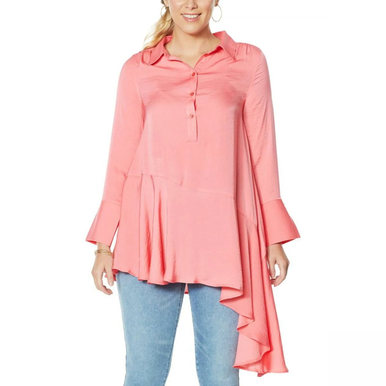 NWT DG2 By Diane Gilman Button Up Washed Charmeuse Asymmetric Shirt. 732519 XS