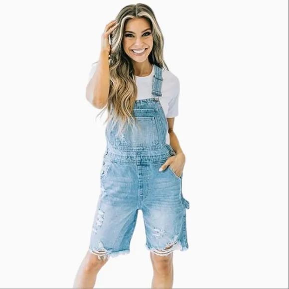 NWT KanCan Bermuda Distressed Carpenter Cargo Shortalls Overalls Medium