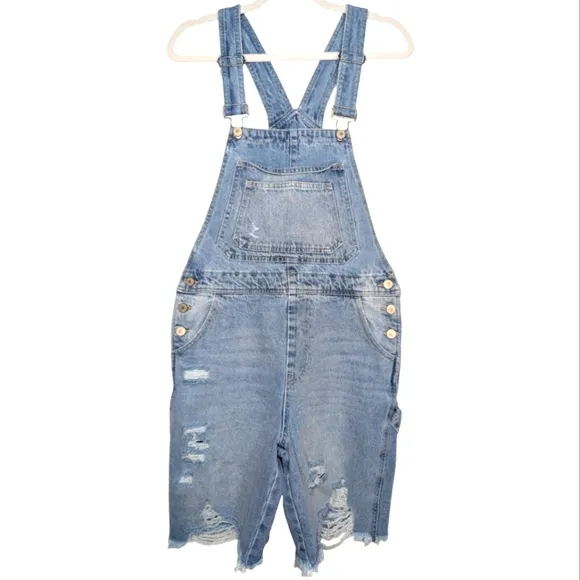 NWT KanCan Bermuda Distressed Carpenter Cargo Shortalls Overalls Medium