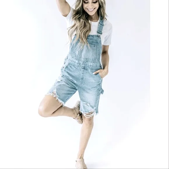 NWT KanCan Bermuda Distressed Carpenter Cargo Shortalls Overalls Medium