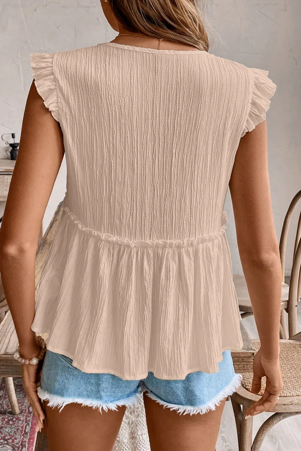 Oatmeal Textured Ruffled Trim V Neck Flutter Flowy Top