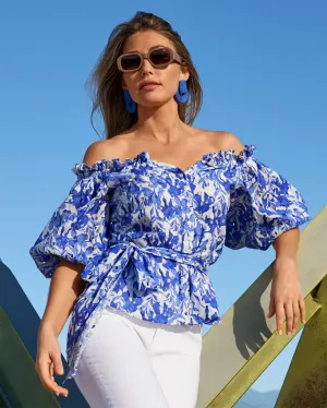 Ocean Fleurs Print Eyelet Puff Sleeve Tie Waist Peplum Blouse Blue