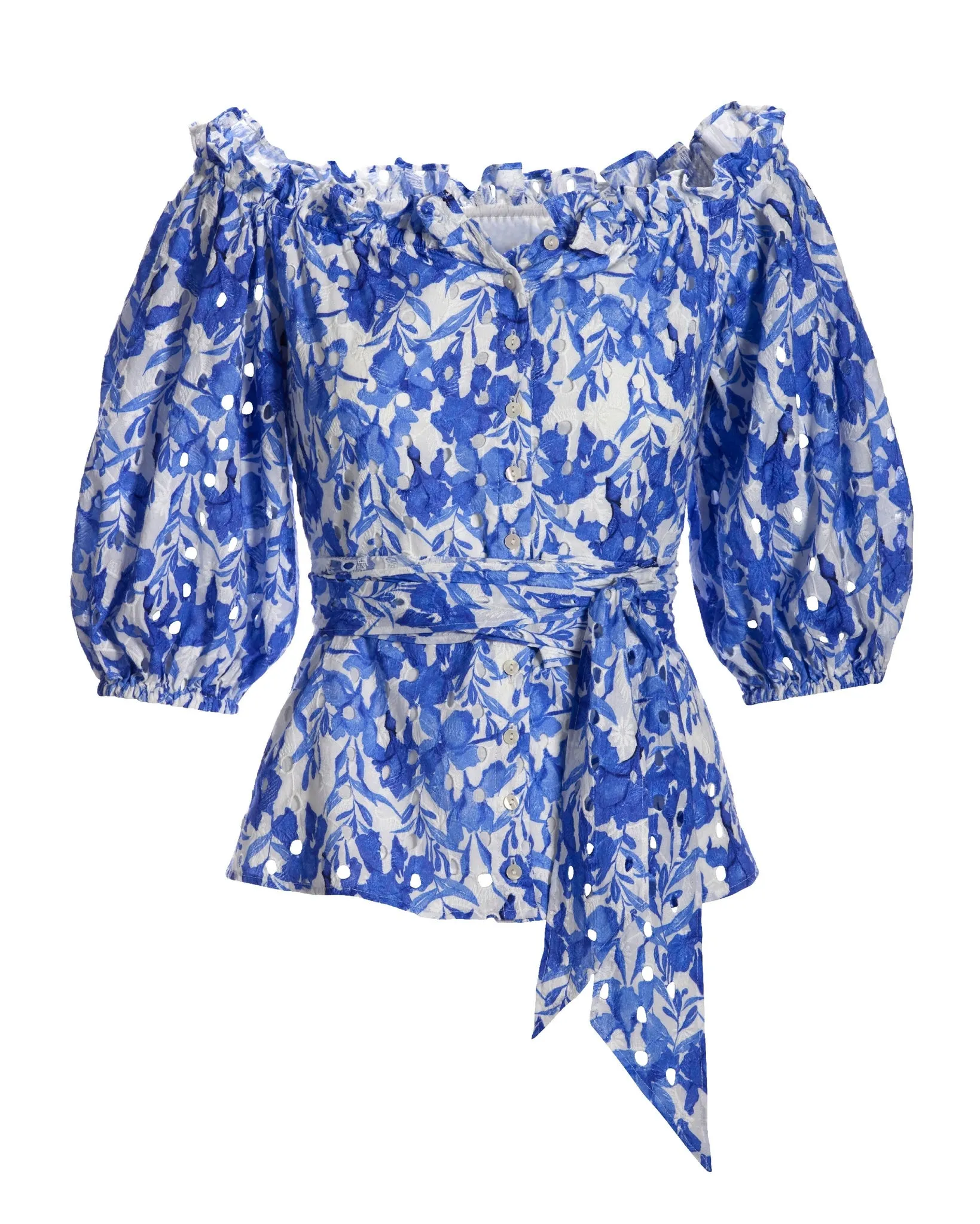 Ocean Fleurs Print Eyelet Puff Sleeve Tie Waist Peplum Blouse Blue