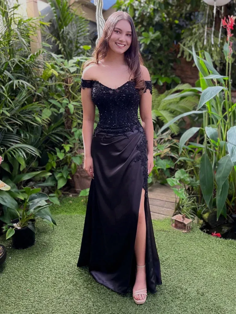 Off The Shoulder Black Lace Mermaid Long Prom Dresses with Leg Slit, ff Shoulder Mermaid Black Lace Long Formal Evening Dresses