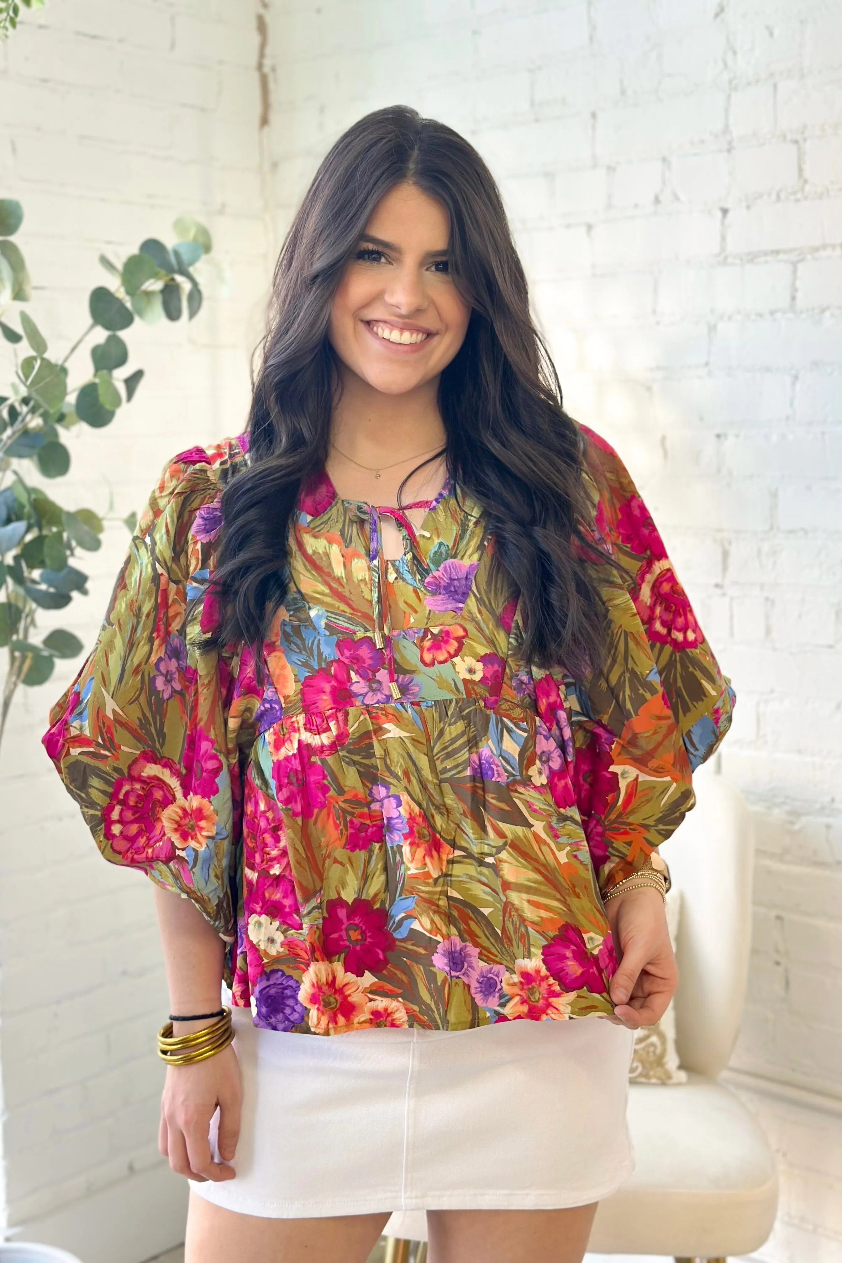 Olive Printed Bubble Short Sleeve Top