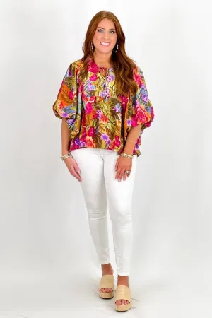 Olive Printed Bubble Short Sleeve Top