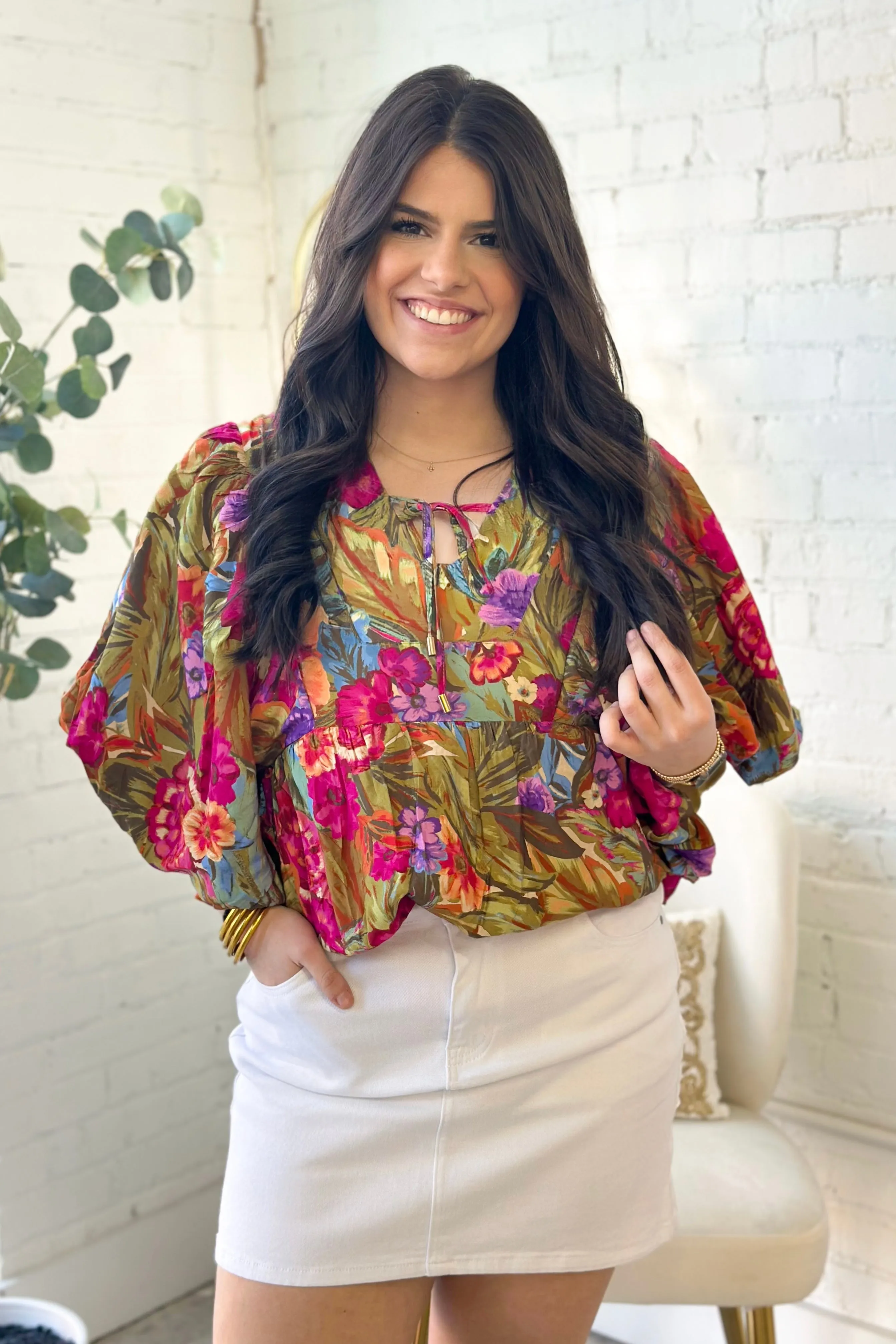 Olive Printed Bubble Short Sleeve Top