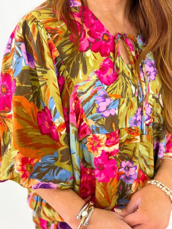 Olive Printed Bubble Short Sleeve Top