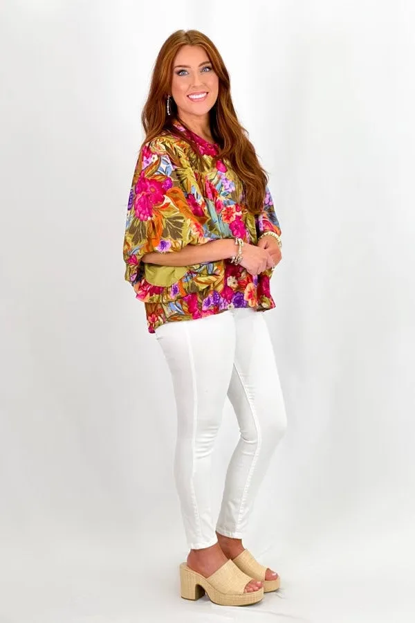 Olive Printed Bubble Short Sleeve Top