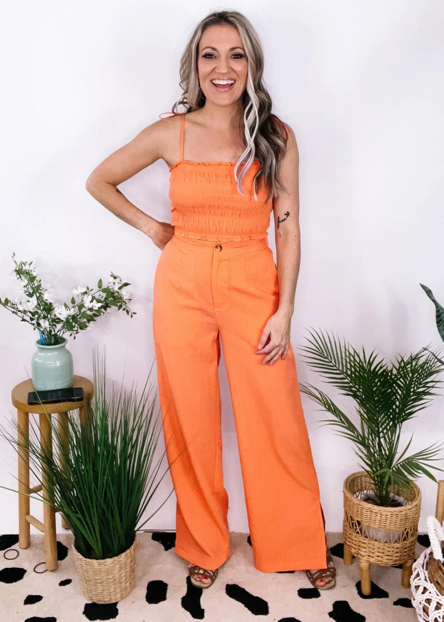 Orange Smocked Crop Top and Pant Set