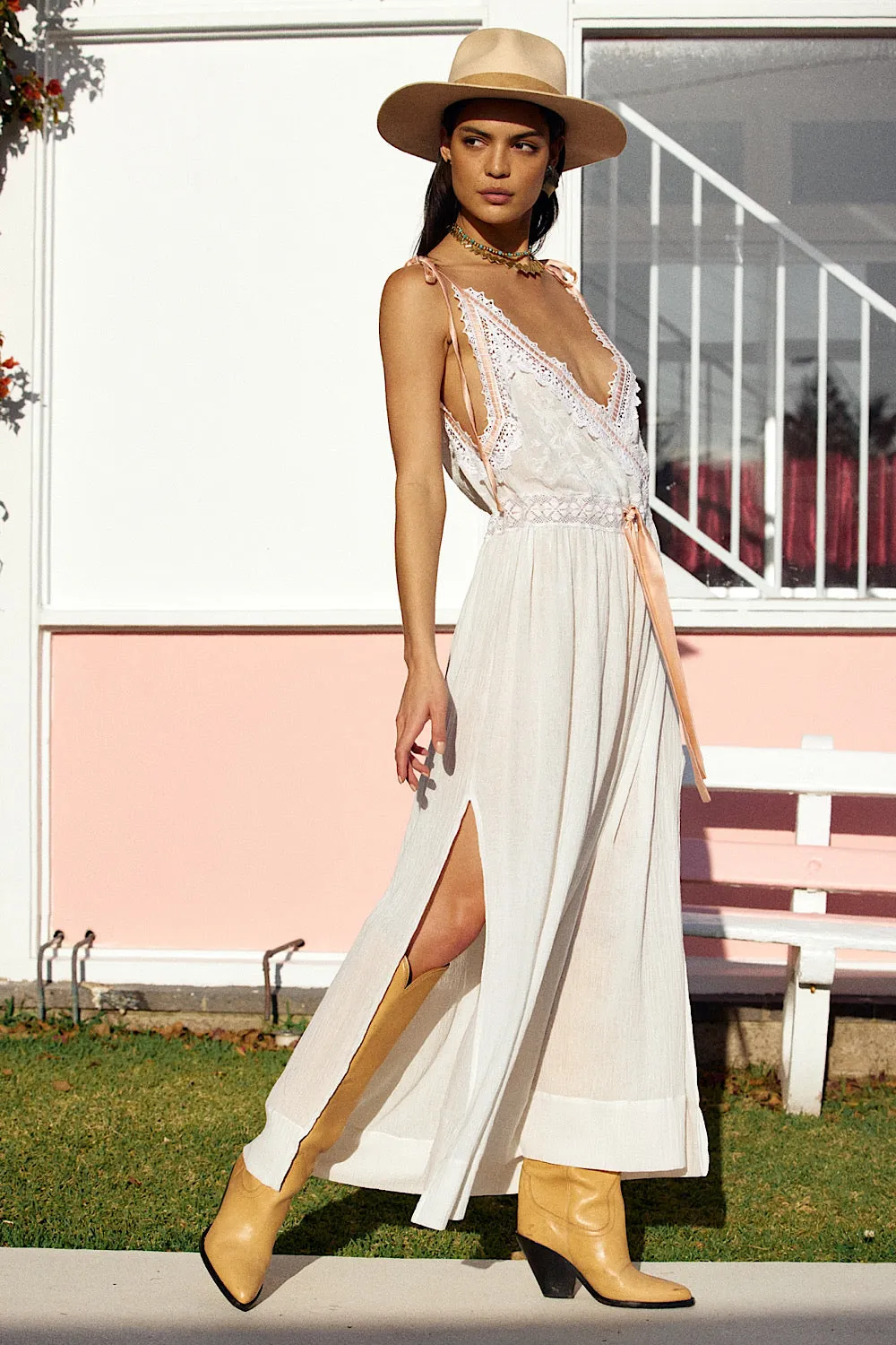 Out Among The Stars Cotton Gauze, Lace   Ribbon Embroidered Maxi Slip Dress
