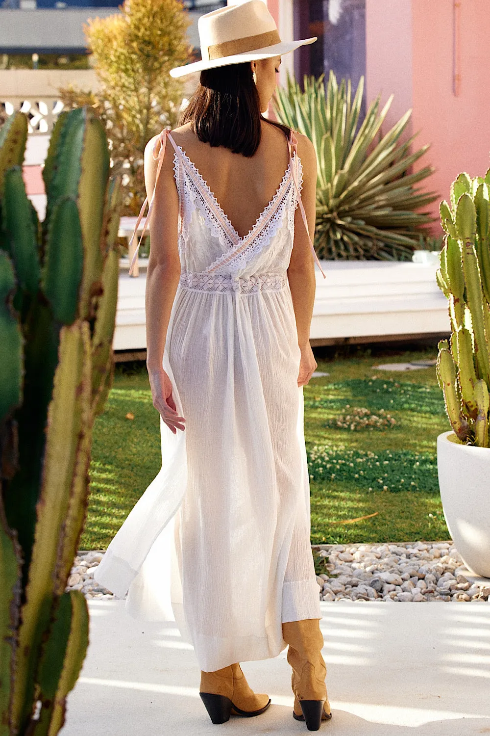 Out Among The Stars Cotton Gauze, Lace   Ribbon Embroidered Maxi Slip Dress