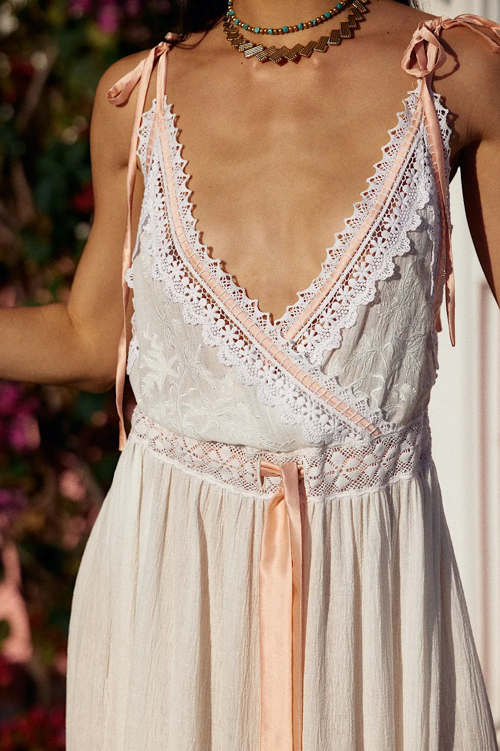 Out Among The Stars Cotton Gauze, Lace   Ribbon Embroidered Maxi Slip Dress