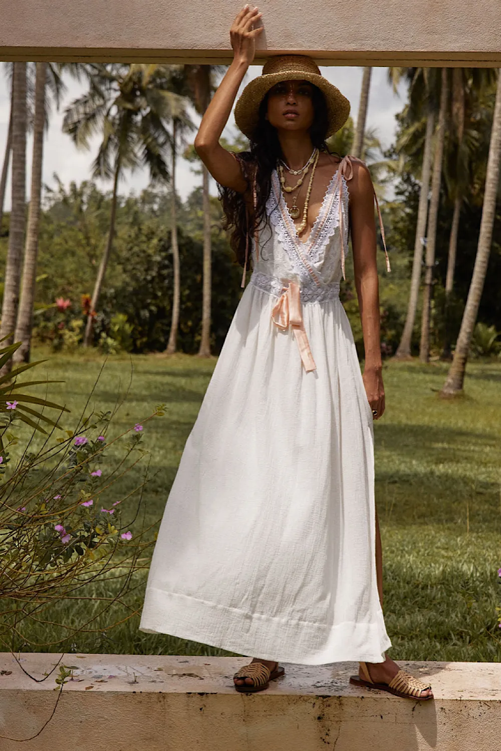 Out Among The Stars Cotton Gauze, Lace   Ribbon Embroidered Maxi Slip Dress
