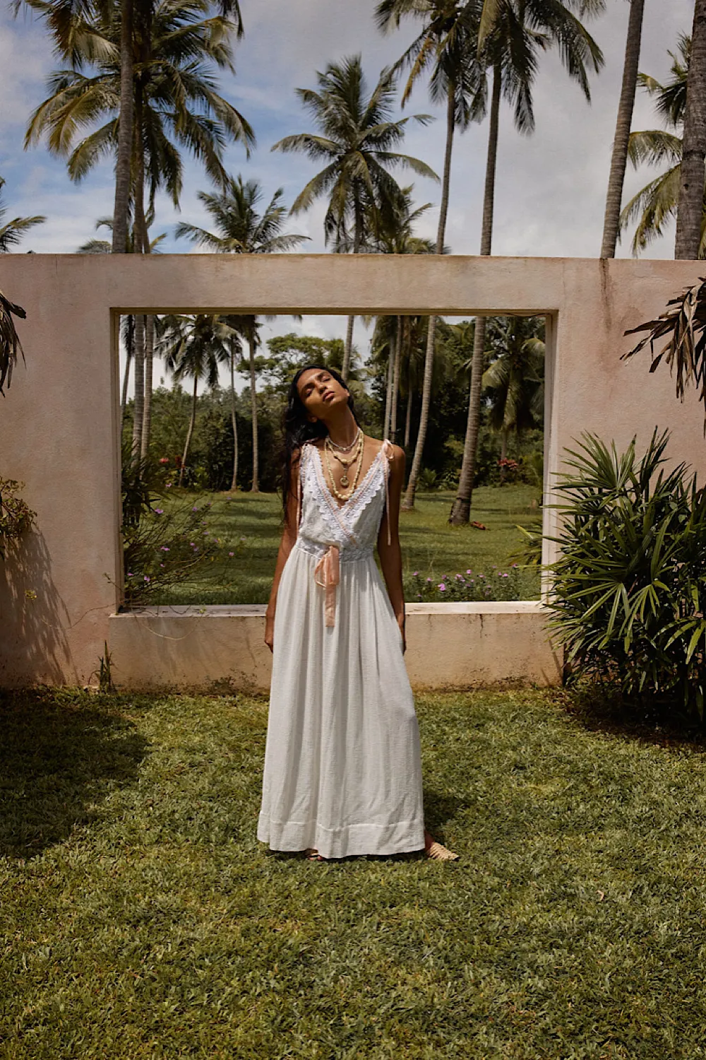 Out Among The Stars Cotton Gauze, Lace   Ribbon Embroidered Maxi Slip Dress