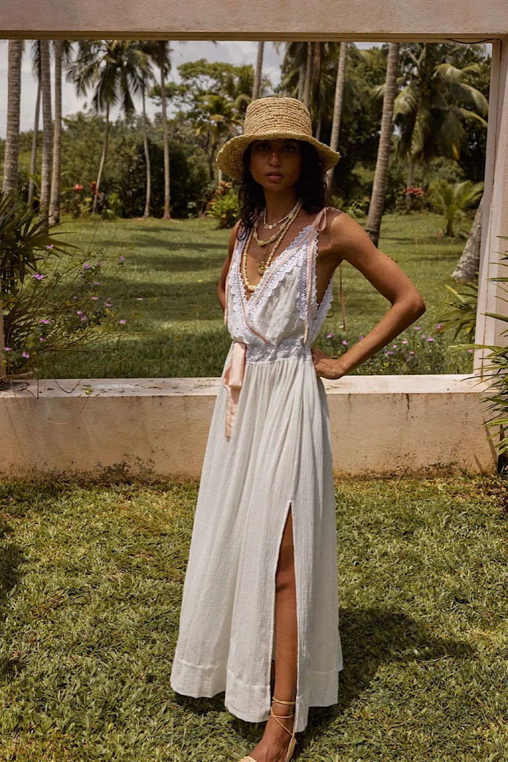 Out Among The Stars Cotton Gauze, Lace   Ribbon Embroidered Maxi Slip Dress