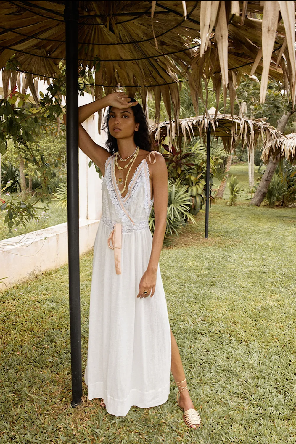 Out Among The Stars Cotton Gauze, Lace   Ribbon Embroidered Maxi Slip Dress