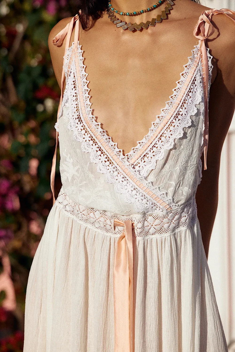 Out Among The Stars Cotton Gauze, Lace   Ribbon Embroidered Maxi Slip Dress