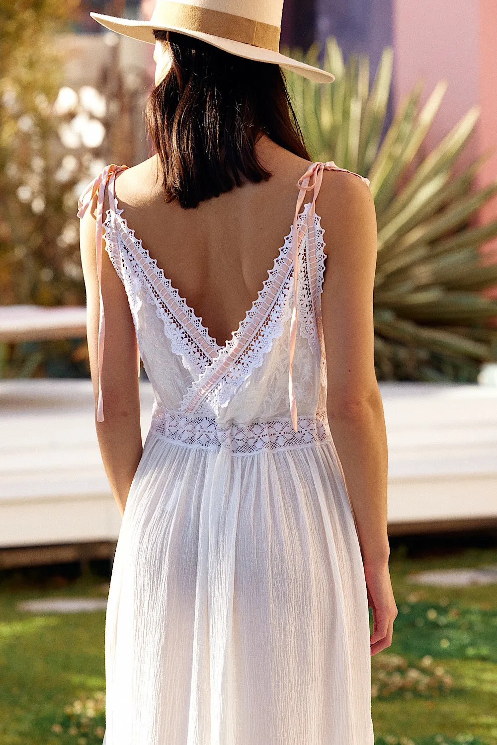 Out Among The Stars Cotton Gauze, Lace   Ribbon Embroidered Maxi Slip Dress