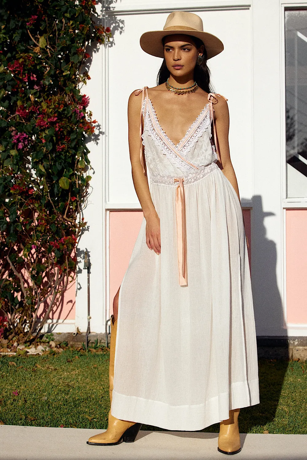 Out Among The Stars Cotton Gauze, Lace   Ribbon Embroidered Maxi Slip Dress