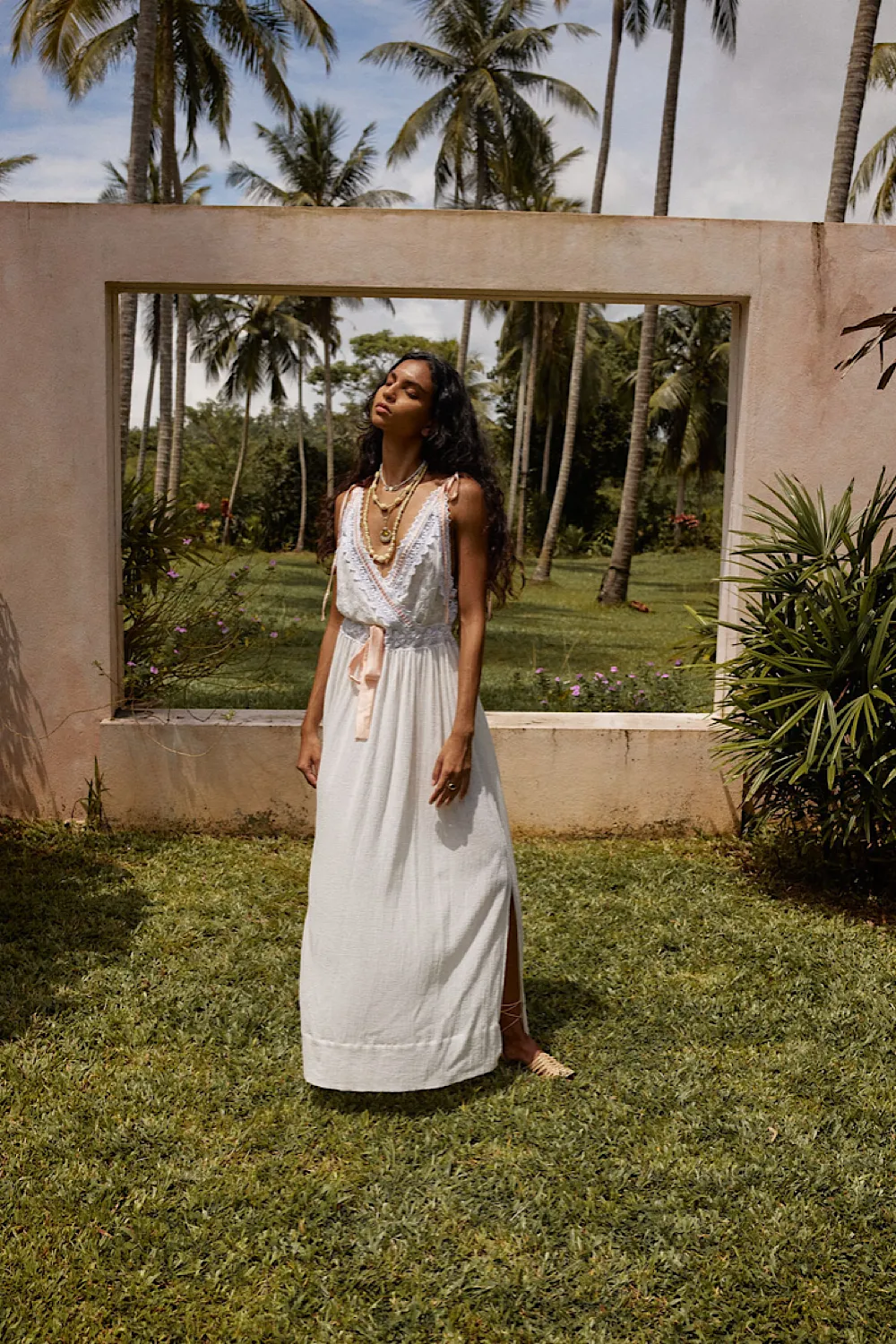 Out Among The Stars Cotton Gauze, Lace   Ribbon Embroidered Maxi Slip Dress