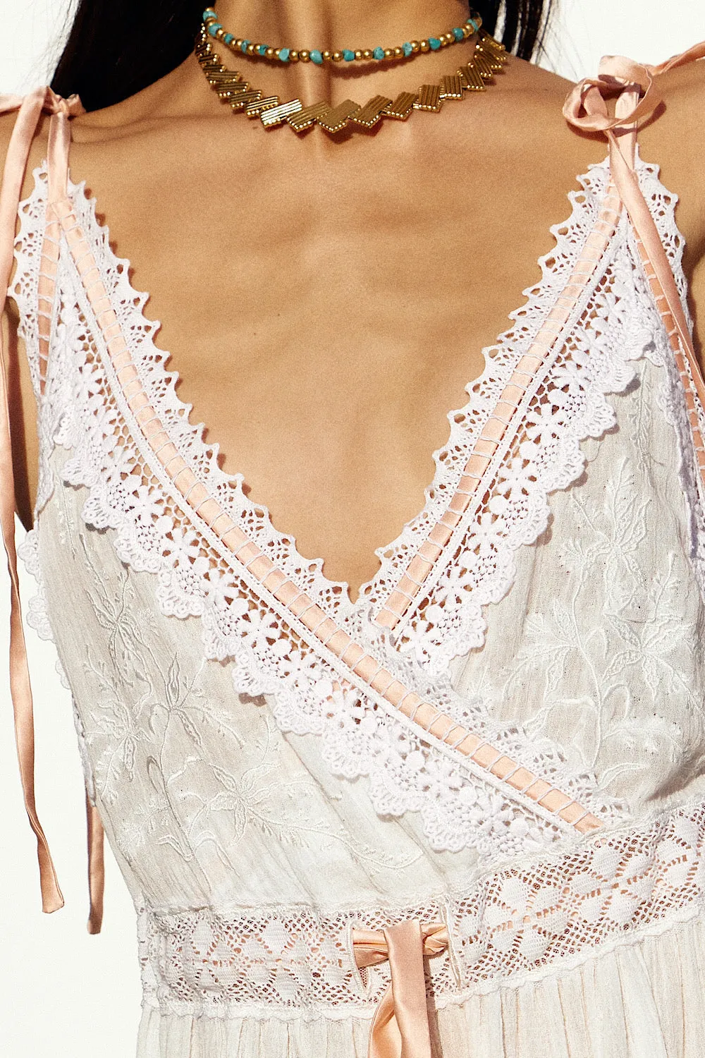 Out Among The Stars Cotton Gauze, Lace   Ribbon Embroidered Maxi Slip Dress