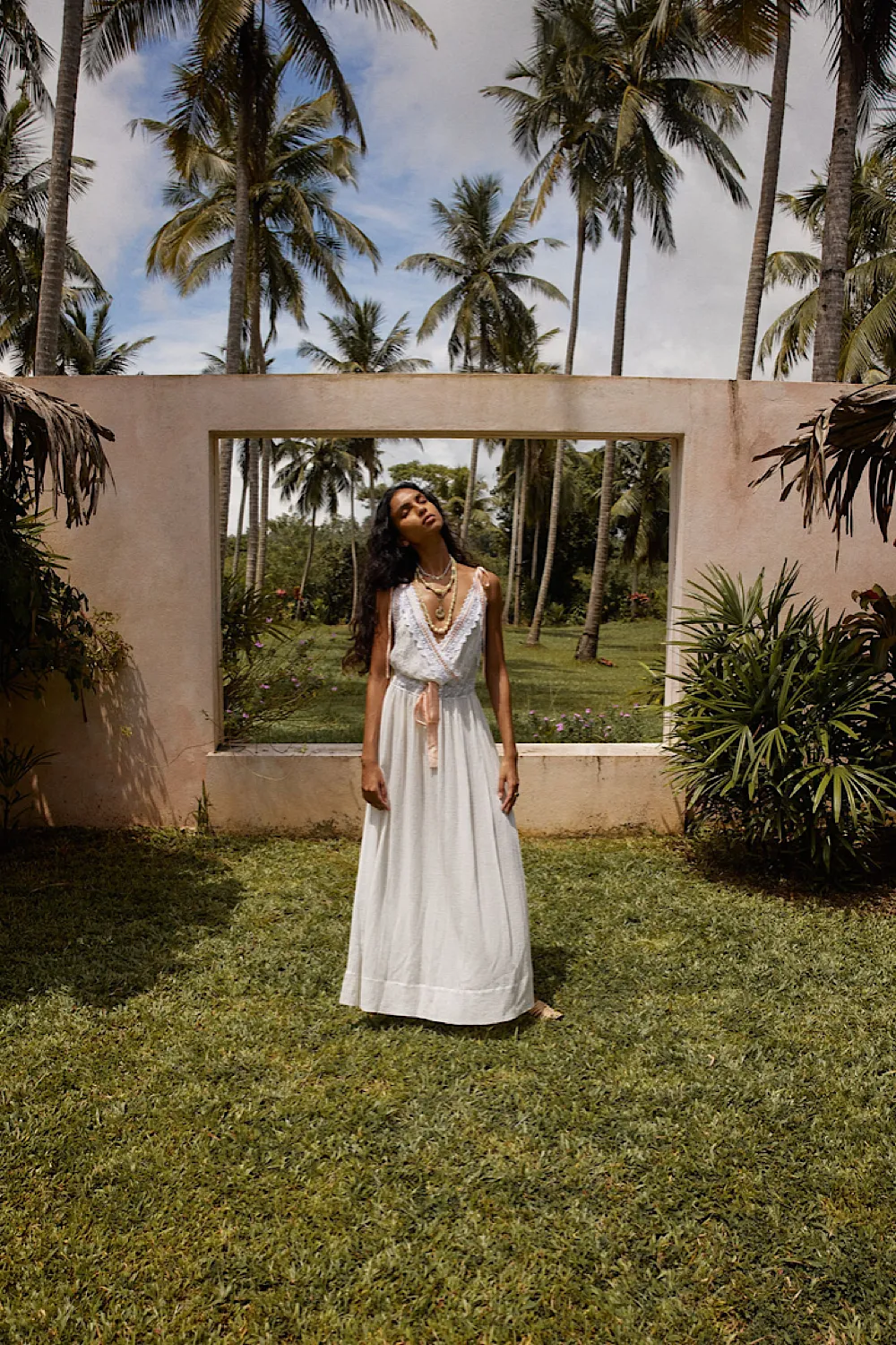 Out Among The Stars Cotton Gauze, Lace   Ribbon Embroidered Maxi Slip Dress