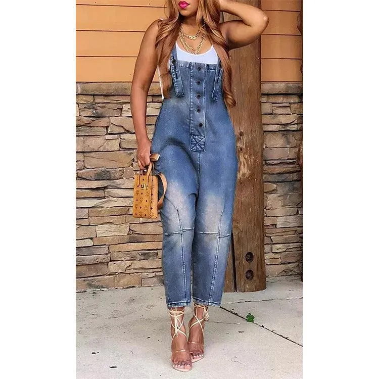OVERALLS-INSPIRED DENINM JUMPSUIT — 4 SHADES FRAYED