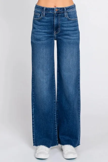 Pantopia High Rise Raw Hem Wide Leg Patch Pocket Dark Jeans