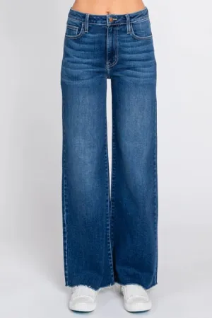 Pantopia High Rise Raw Hem Wide Leg Patch Pocket Dark Jeans
