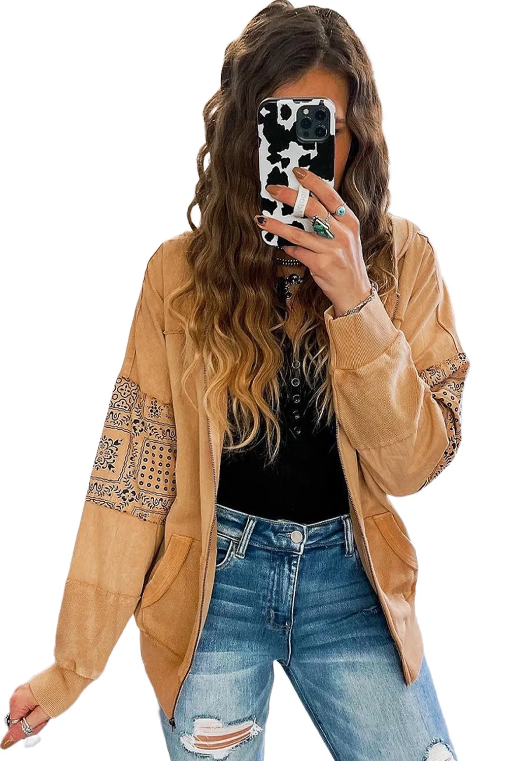 Parchment Printed Patchwork Hooded Jacket
