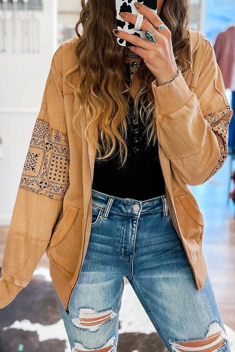 Parchment Printed Patchwork Hooded Jacket