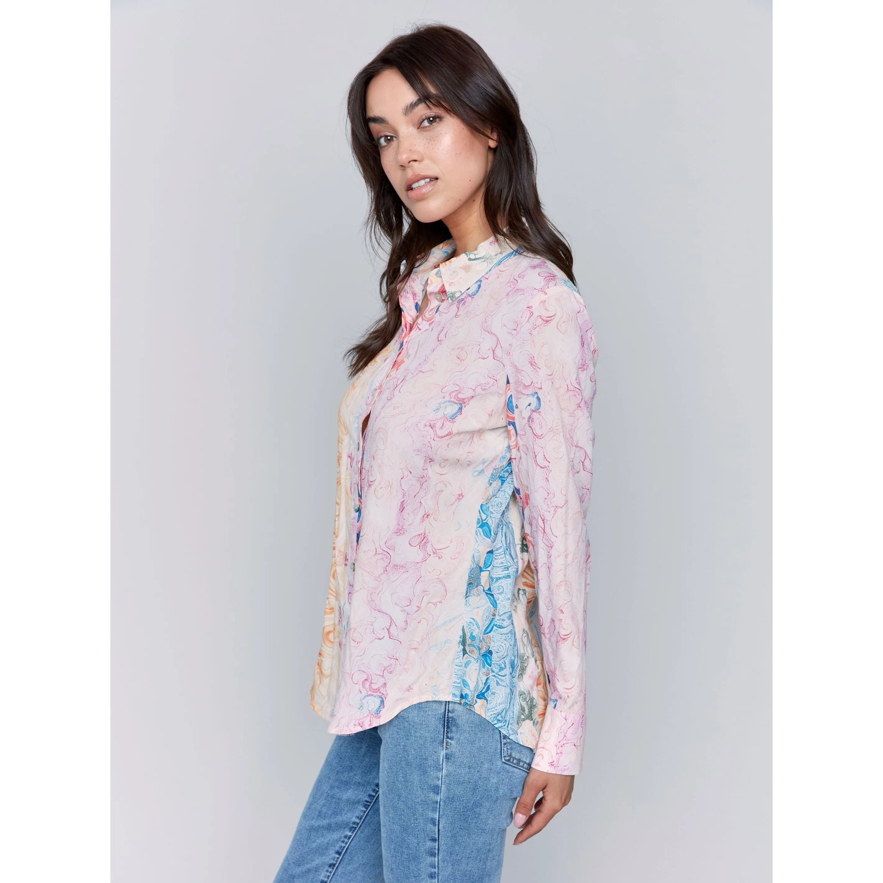Pastel Swirls Printed Button Up Blouse